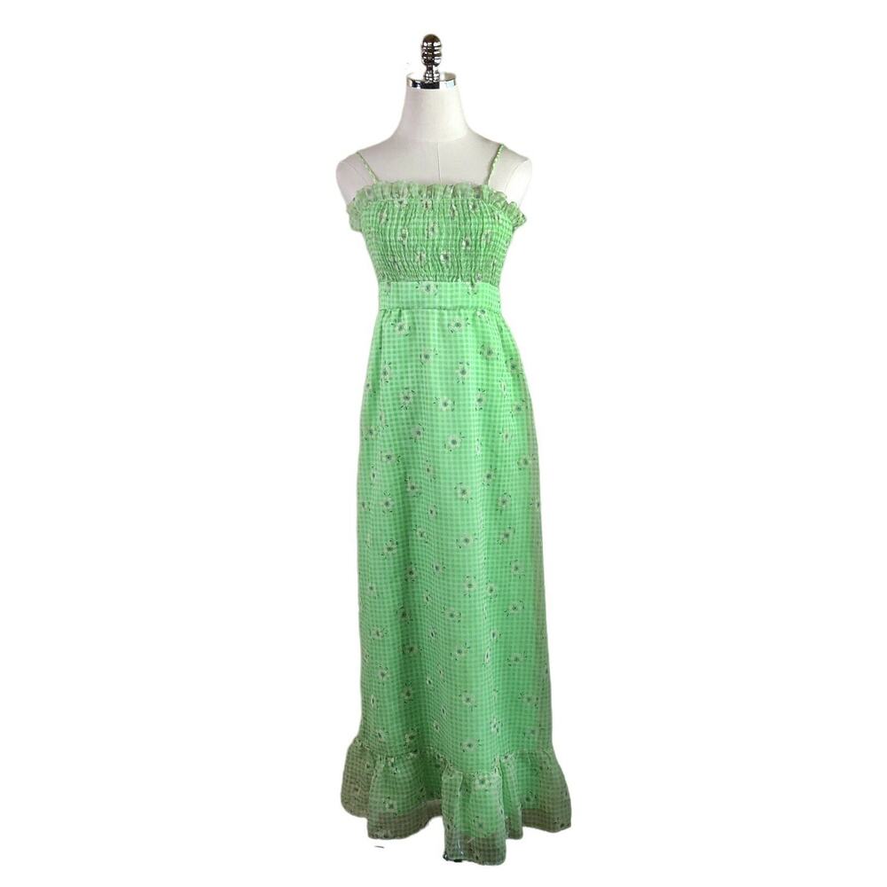 1960s Vintage Lime Green Flower Power Print Maxi Sun Dress Flocked Gingham XS